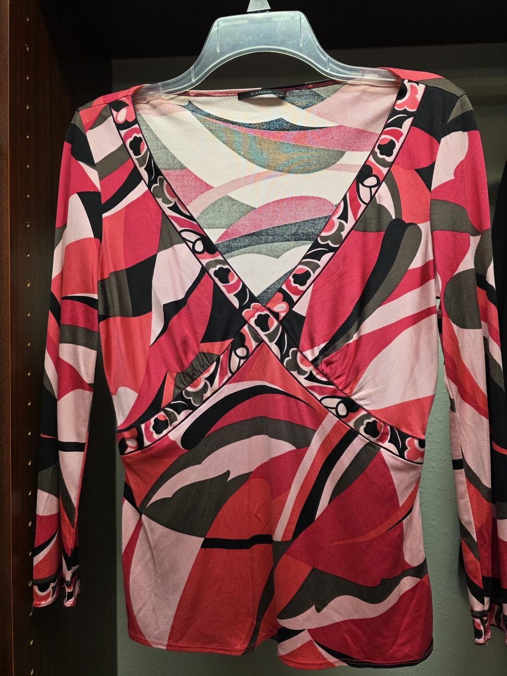 Elie Tahari Long Sleeve Abstract Print Top in Pink, Red & Black